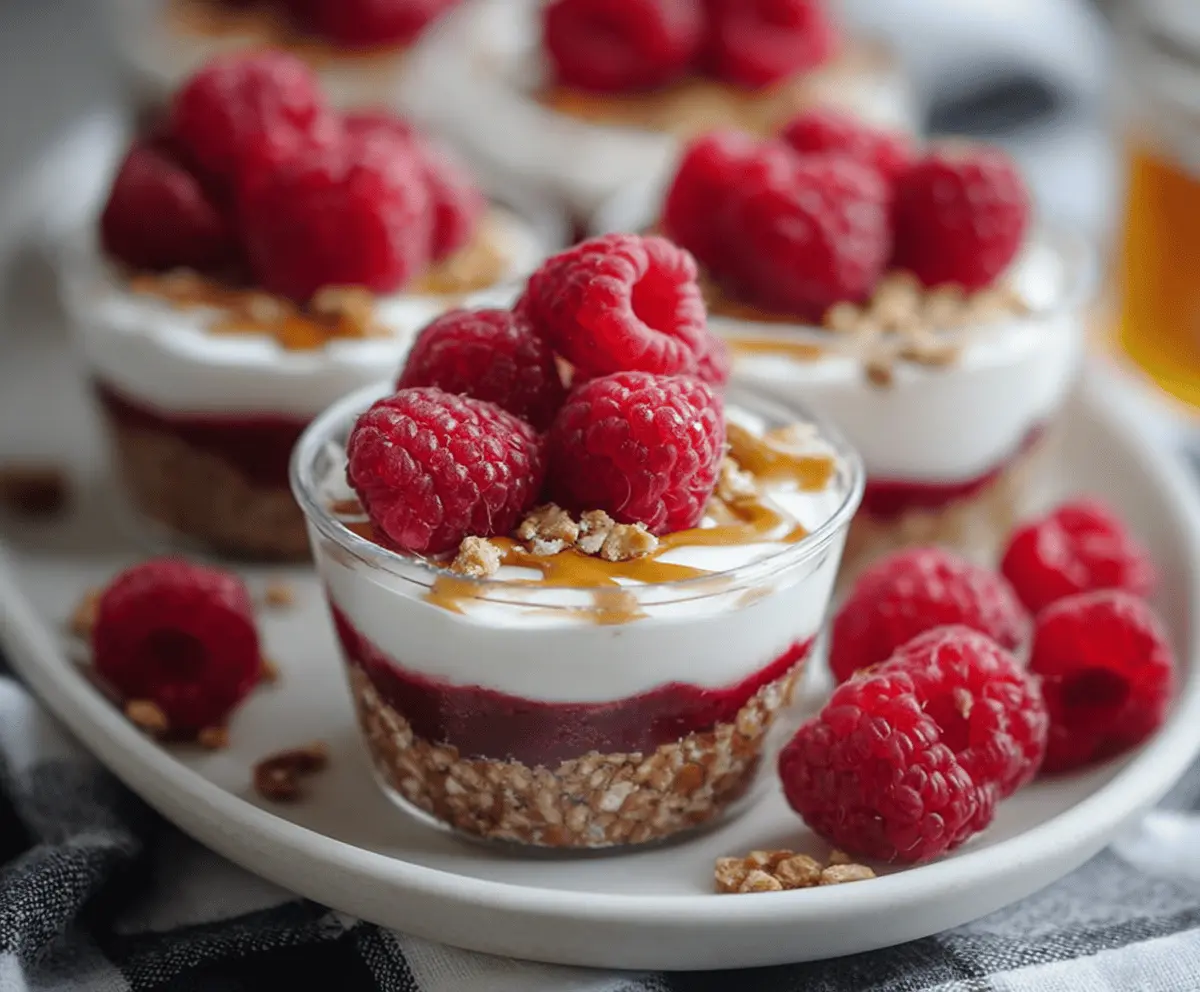 Delicious no-bake raspberry pretzel cups with creamy filling and fresh raspberries on top.