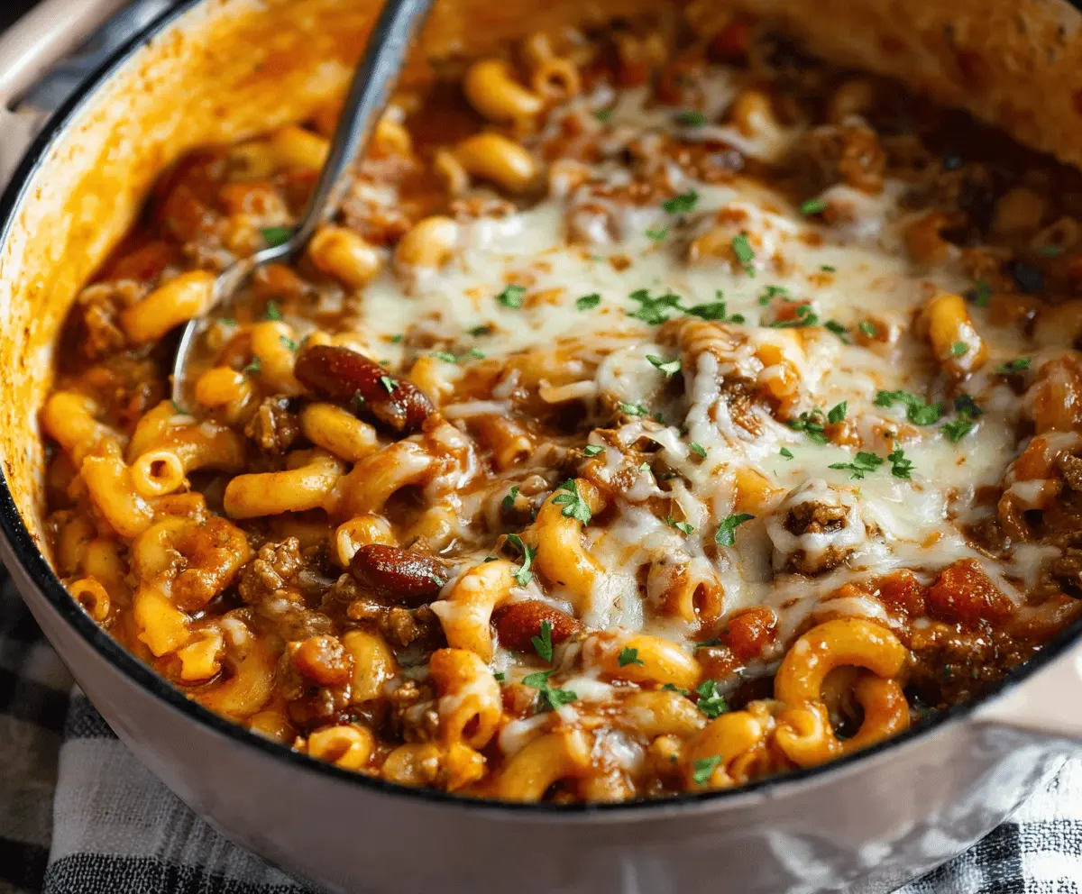 Delicious One Pot Chili Mac and Cheese in a bowl, showcasing creamy cheese and hearty chili ingredients.