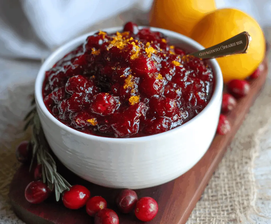 Delicious Orange Amaretto Cranberry Sauce in a bowl, perfect for holiday desserts and festivities.