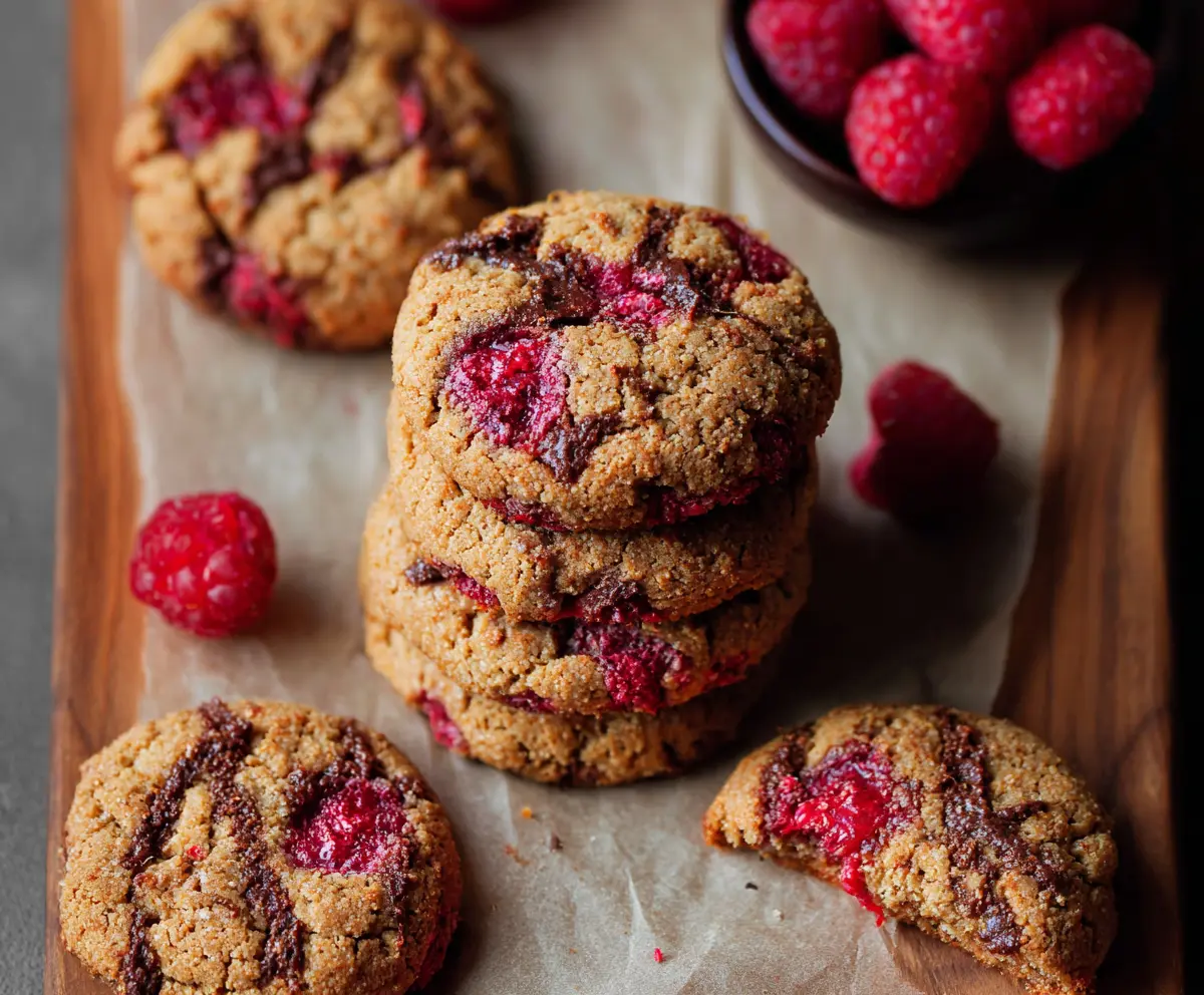 Delicious Paleo Raspberry Cookies on a white plate with fresh raspberries and mint garnish.