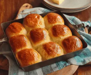 Freshly baked Parker House dinner rolls on a baking tray with golden brown crust and soft interior.