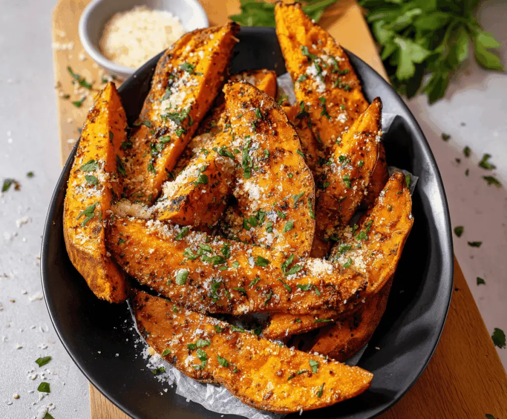 Delicious Parmesan Garlic Sweet Potato Wedges on a rustic plate, highlighting a healthy, crispy snack or side dish.