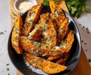 Delicious Parmesan Garlic Sweet Potato Wedges on a rustic plate, highlighting a healthy, crispy snack or side dish.