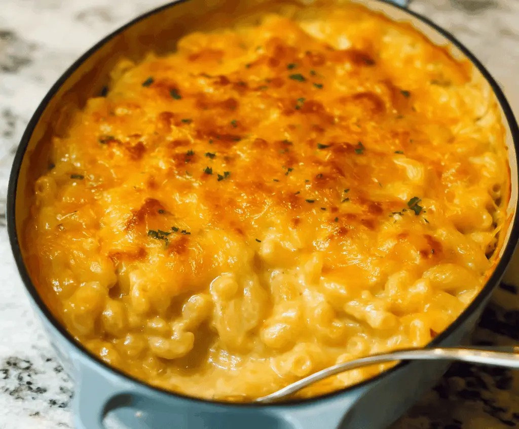 Creamy Paula Deen's Mac and Cheese served in a white bowl with melted cheese on top.