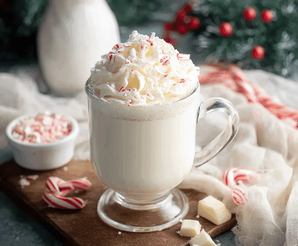 Comforting peppermint white hot chocolate in a cozy mug topped with whipped cream and peppermint candies.