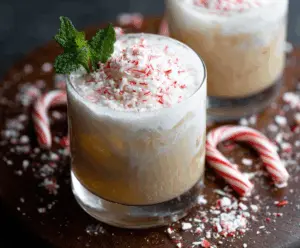 A delicious Peppermint White Russian cocktail in a clear glass garnished with peppermint and whipped cream.