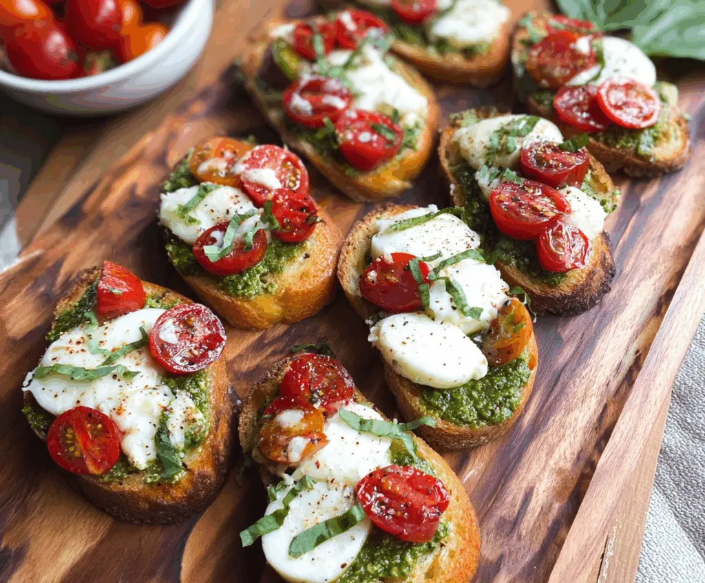 Delicious Pesto Tomato Mozzarella Crostini with fresh basil on toasted baguette slices