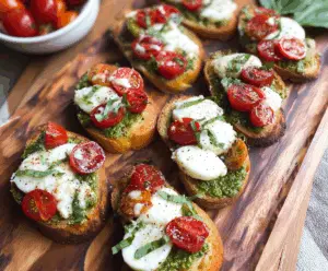 Delicious Pesto Tomato Mozzarella Crostini with fresh basil on toasted baguette slices