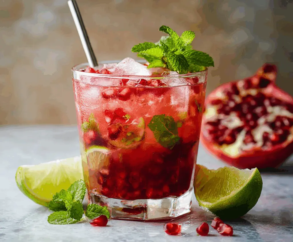 Refreshing Pomegranate Mojito with fresh mint and lime in a tall glass, perfect for summer drinks.