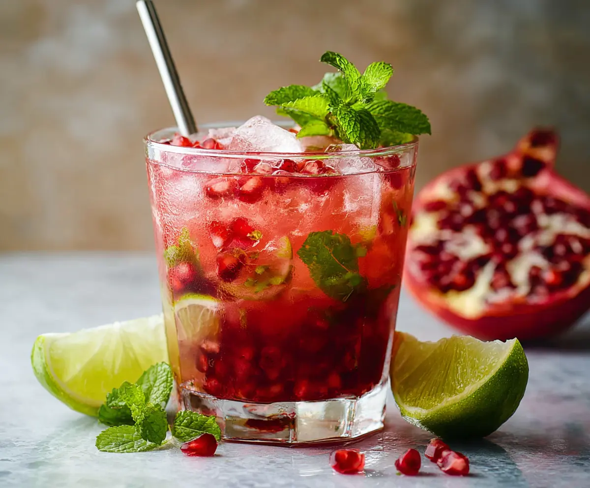 Refreshing Pomegranate Mojito with fresh mint and lime in a tall glass, perfect for summer drinks.