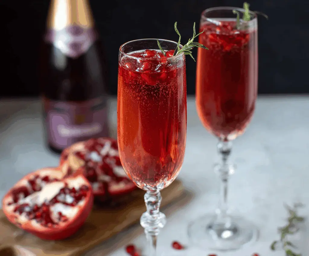 Refreshing Pomegranate Prosecco Cocktail served in a elegant glass with pomegranate seeds and mint garnish.