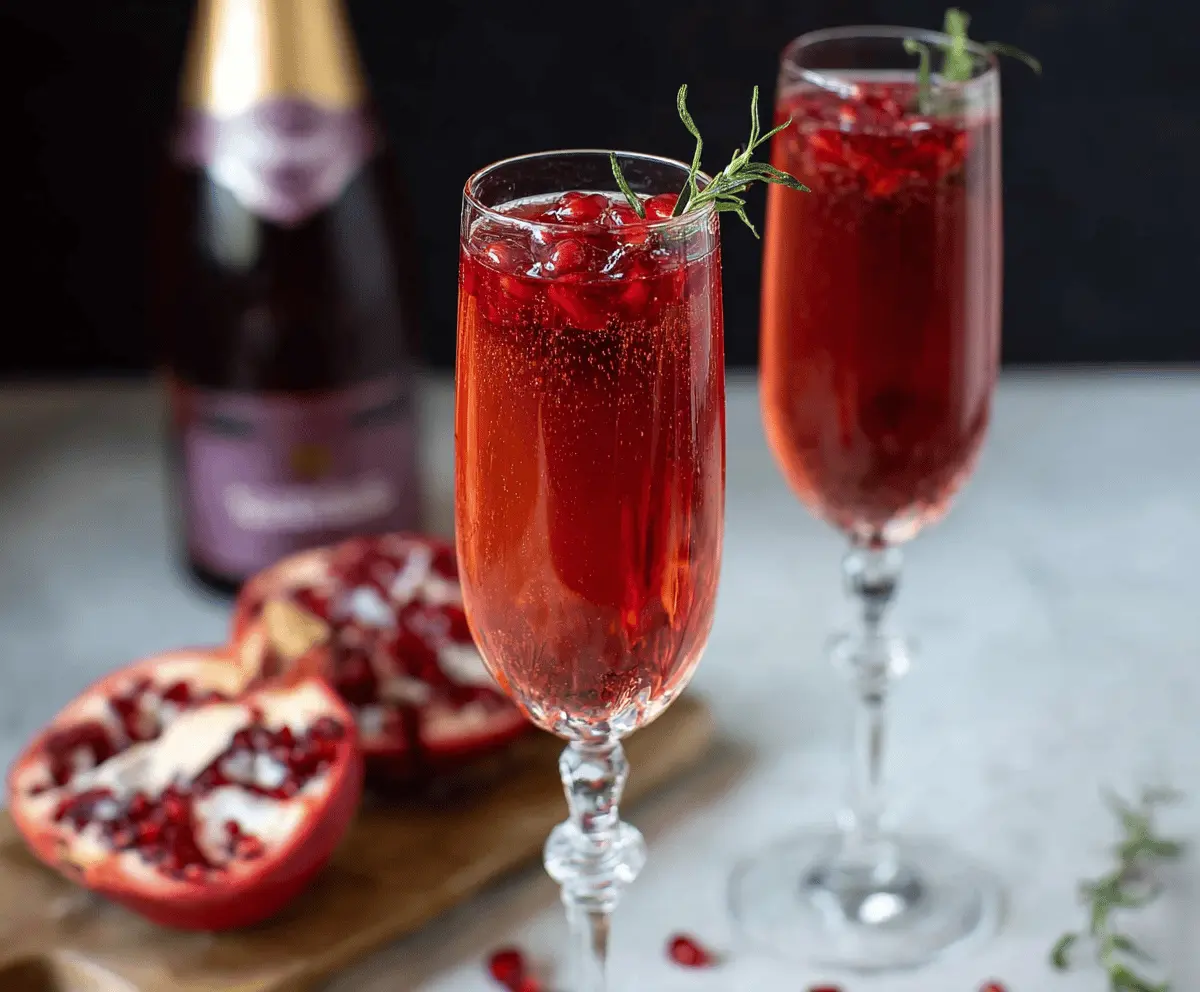 Refreshing Pomegranate Prosecco Cocktail served in a elegant glass with pomegranate seeds and mint garnish.