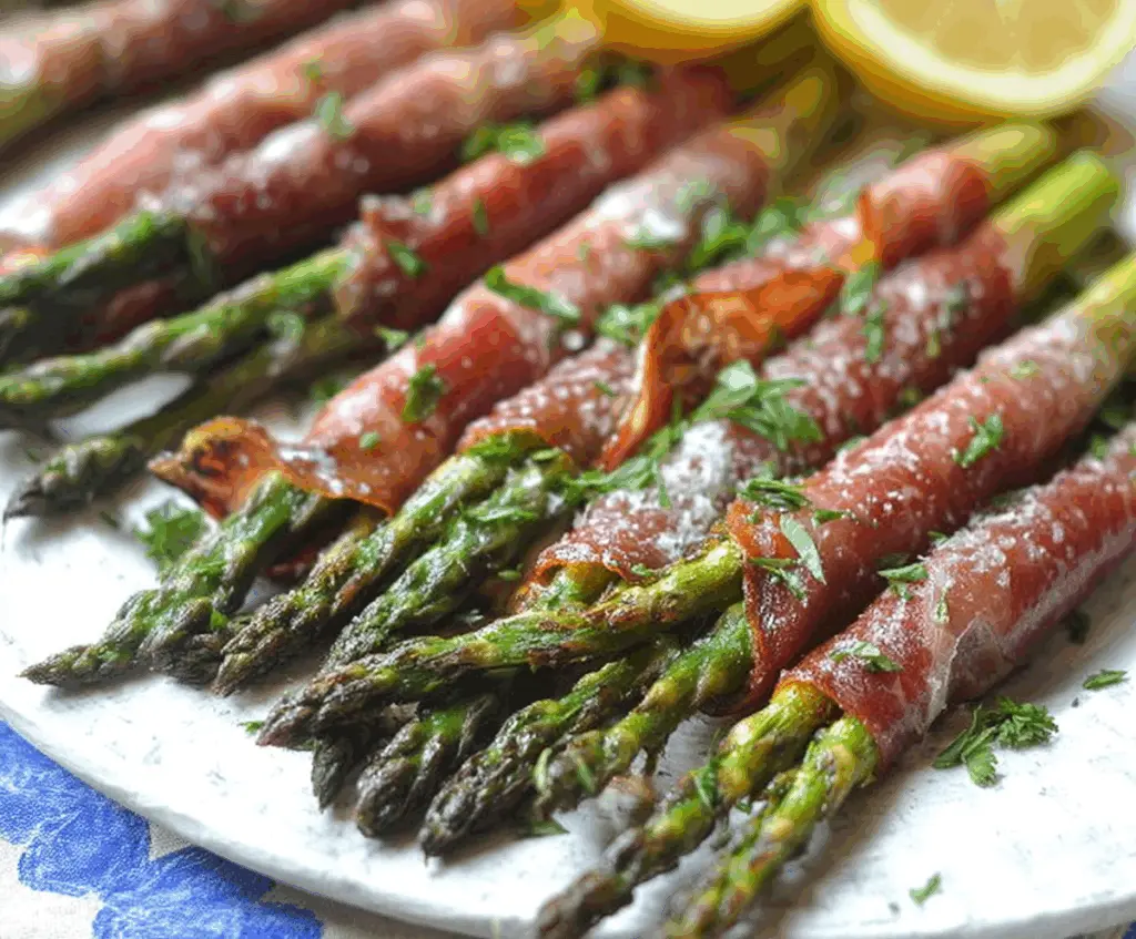 Delicious prosciutto-wrapped asparagus spears on a white plate, perfect for appetizer or snack.