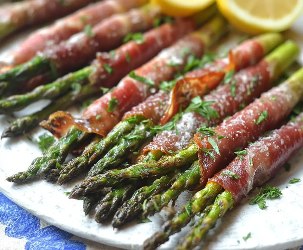 Delicious prosciutto-wrapped asparagus spears on a white plate, perfect for appetizer or snack.