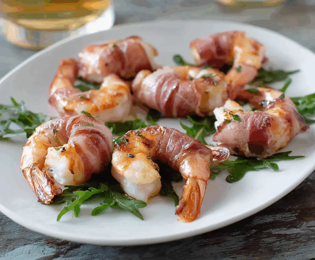 Delicious prosciutto wrapped shrimp appetizer on a plate with herbs