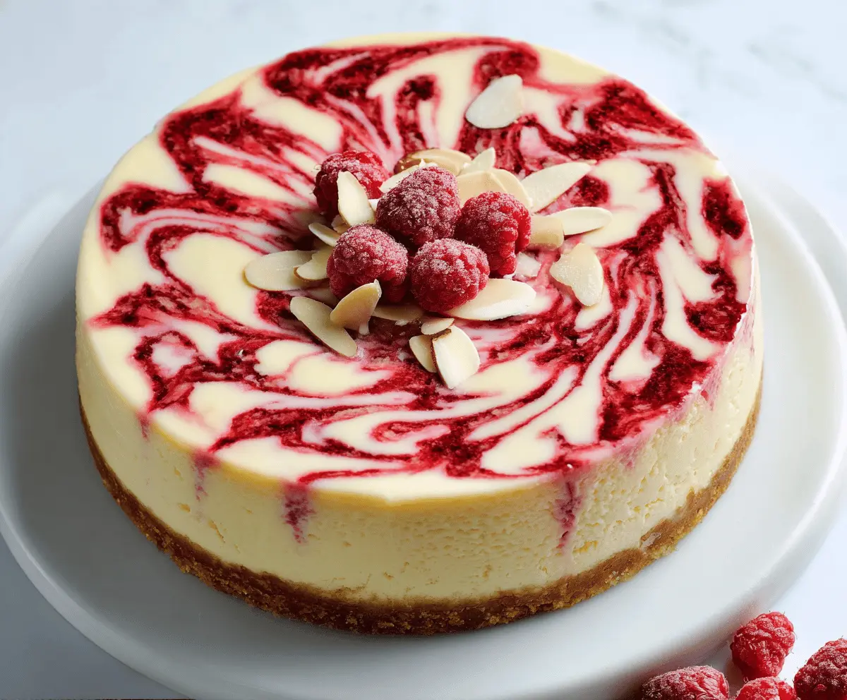 Delicious Raspberry Almond Cheesecake with fresh berries and crunchy almond topping