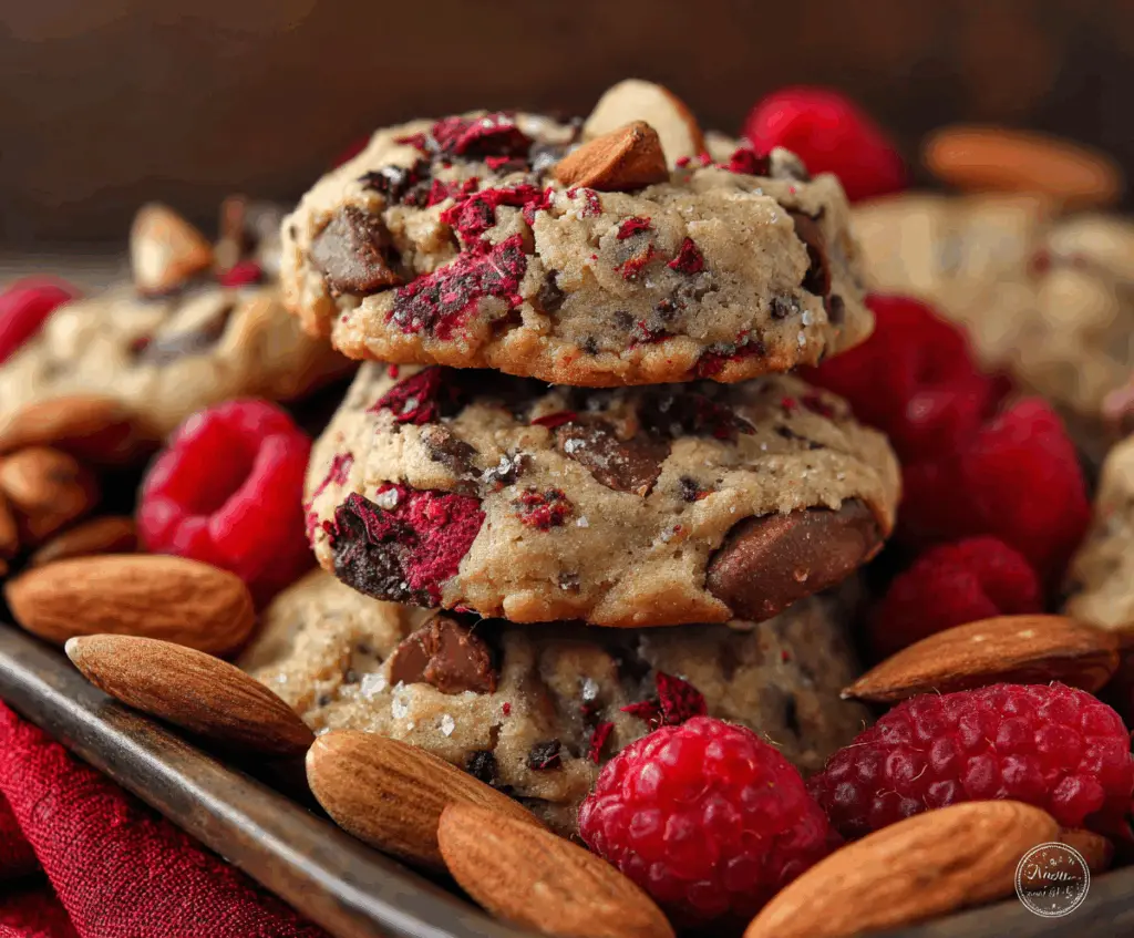 Delicious raspberry almond cookies garnished with freeze-dried berries on a white plate.