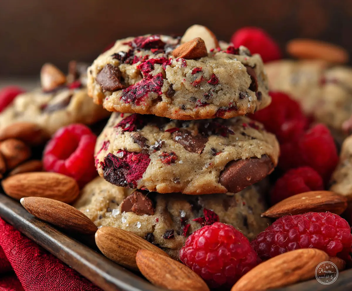 Delicious raspberry almond cookies garnished with freeze-dried berries on a white plate.