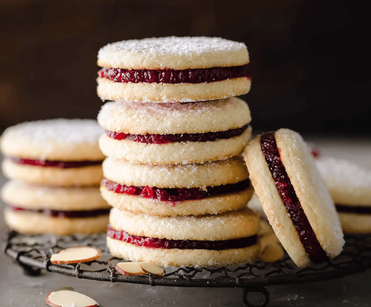 Delicious Raspberry Almond Sandwich Cookies with a creamy filling and fresh raspberry topping.
