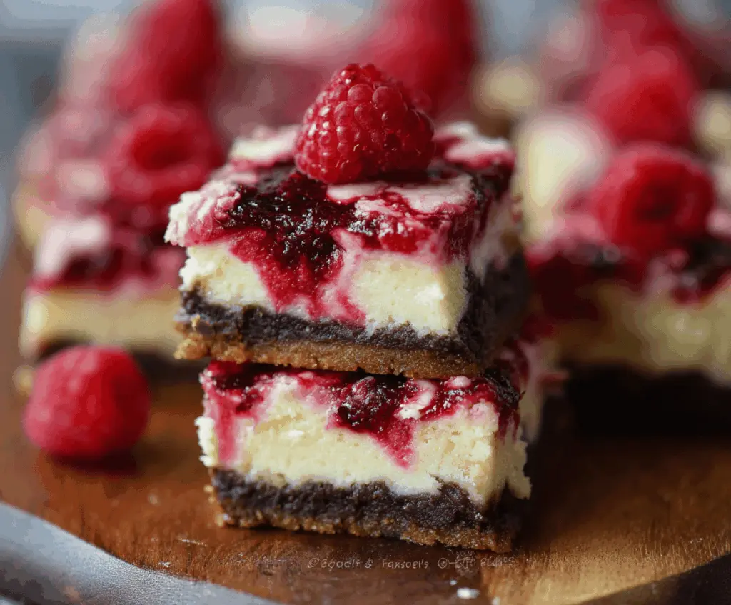 Delicious Raspberry Cheesecake Bars with a creamy filling and fresh raspberry topping on a rustic wooden table.