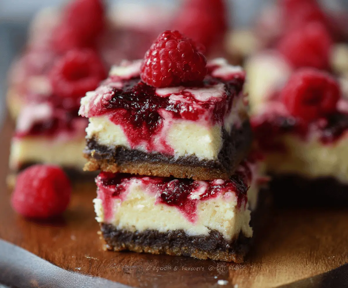Delicious Raspberry Cheesecake Bars with a creamy filling and fresh raspberry topping on a rustic wooden table.