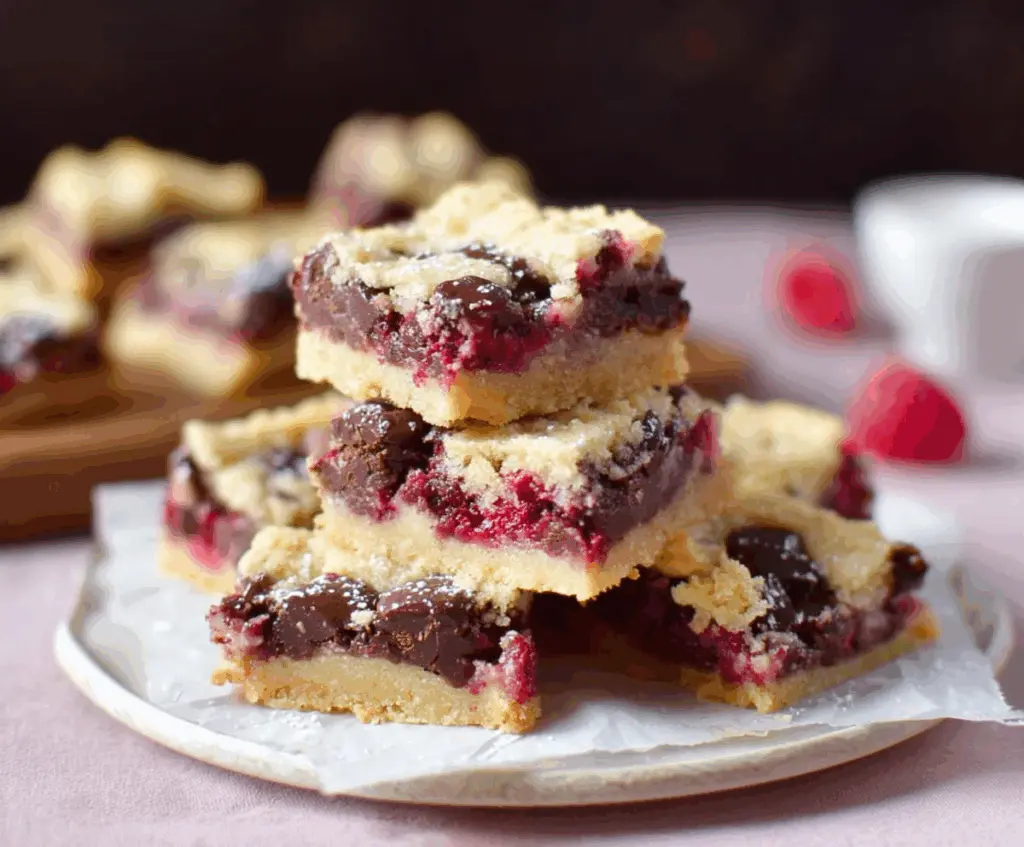 Decadent Raspberry Chocolate Chip Shortbread Bars with fresh raspberries and melty chocolate chips.