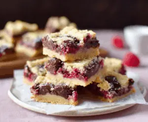 Decadent Raspberry Chocolate Chip Shortbread Bars with fresh raspberries and melty chocolate chips.