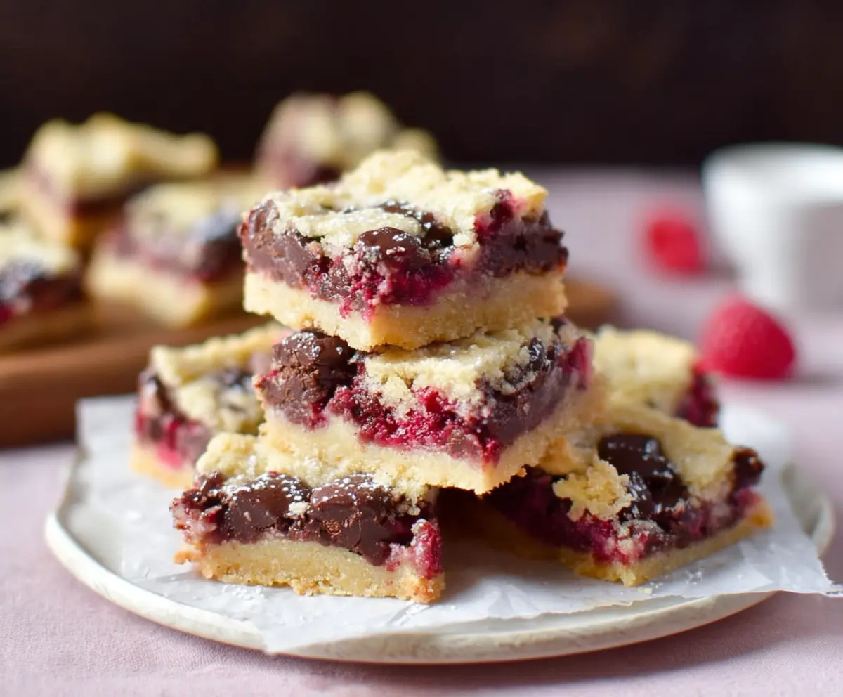 Decadent Raspberry Chocolate Chip Shortbread Bars with fresh raspberries and melty chocolate chips.