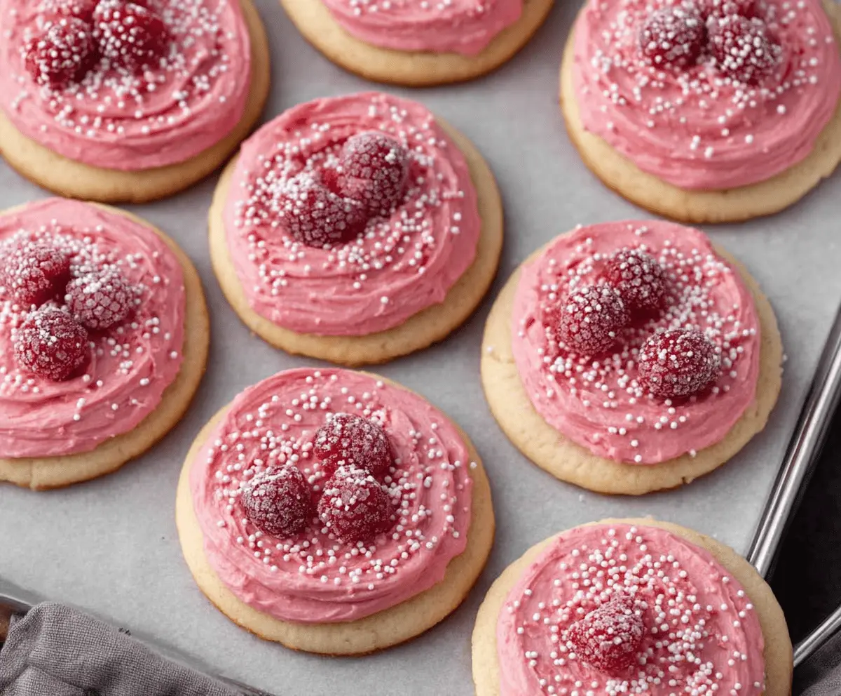 Delicious raspberry frosted sugar cookies with colorful sprinkles on a festive plate.