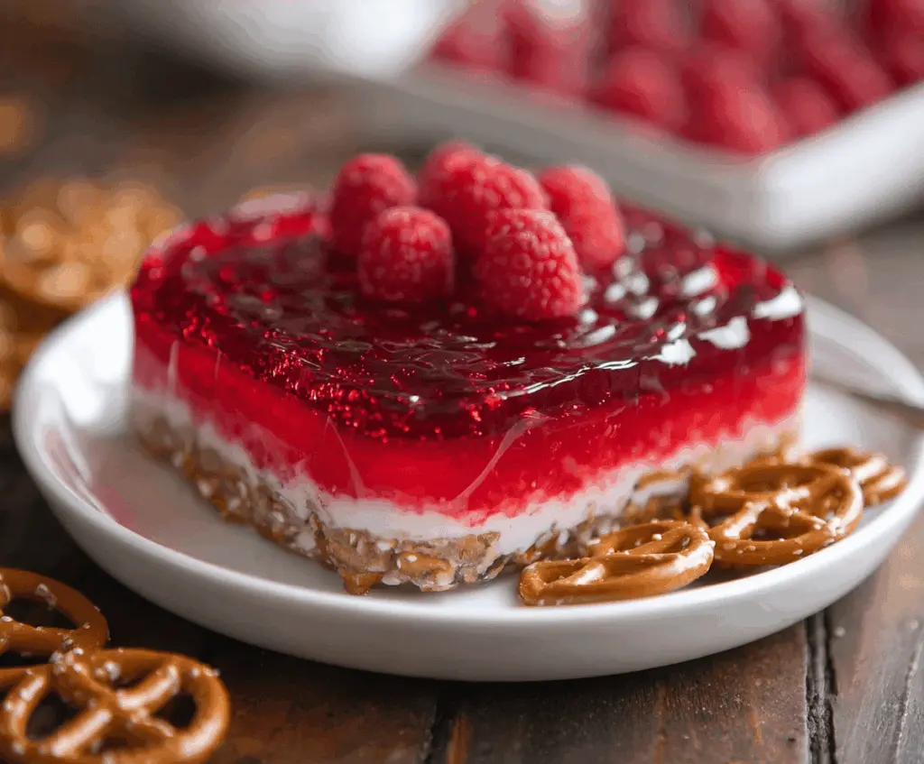 Delicious Raspberry Pretzel Jello dessert with fresh berries and crunchy pretzel topping