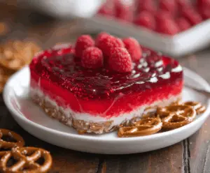 Delicious Raspberry Pretzel Jello dessert with fresh berries and crunchy pretzel topping
