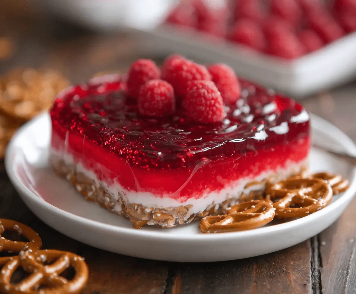 Delicious Raspberry Pretzel Jello dessert with fresh berries and crunchy pretzel topping
