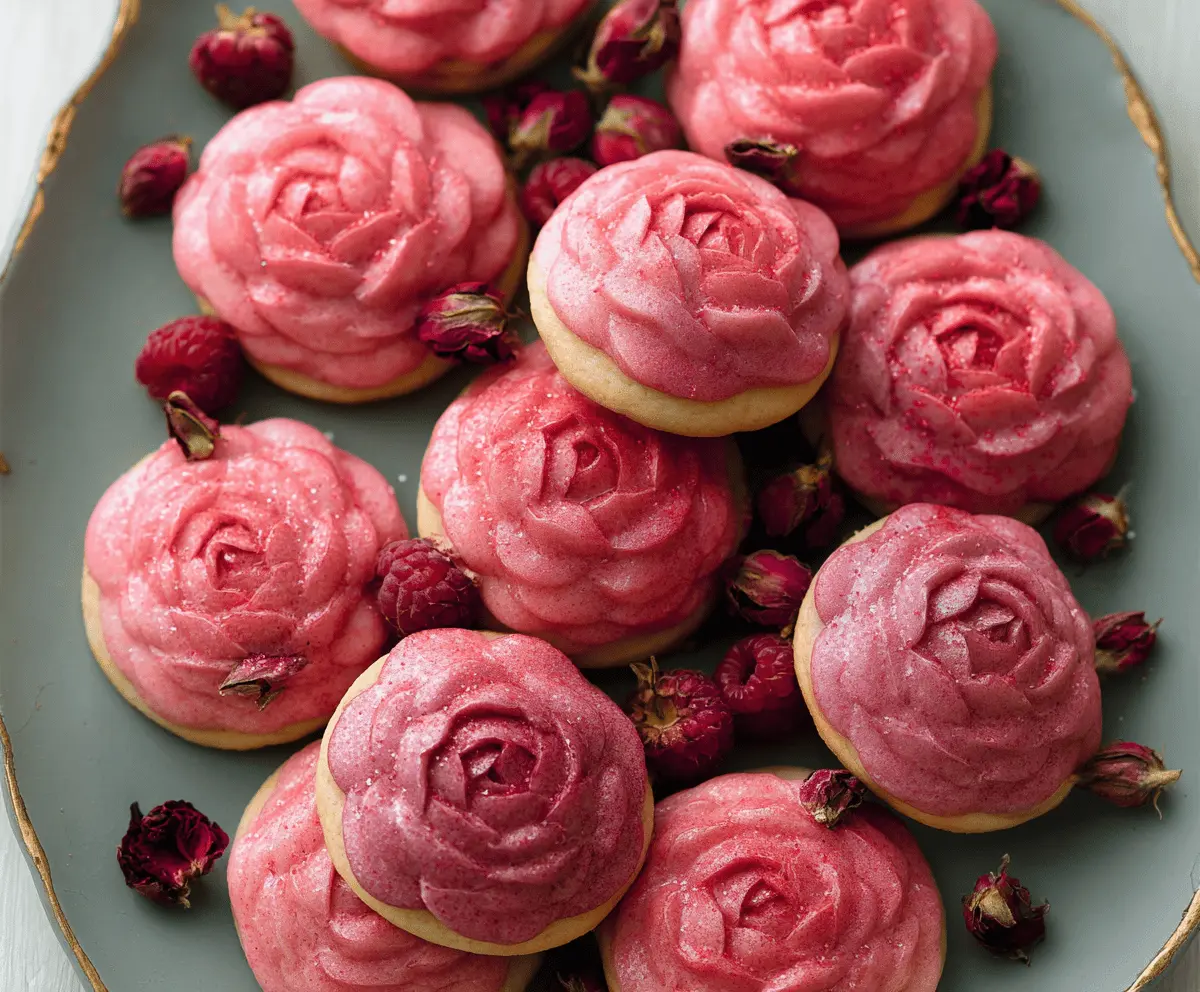 Delicious Raspberry Rose Cookies on a white plate with fresh raspberries and rose petals for a charming dessert presentation.