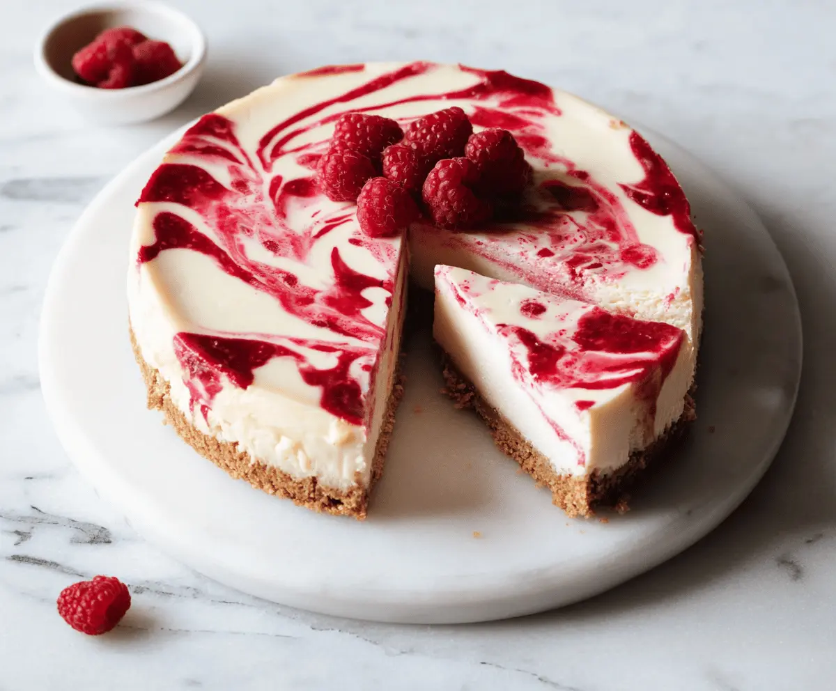Delicious Raspberry Swirl Cheesecake with fresh berries and creamy texture