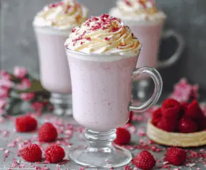 Creamy Raspberry White Hot Chocolate topped with whipped cream and fresh raspberries in a cozy mug.