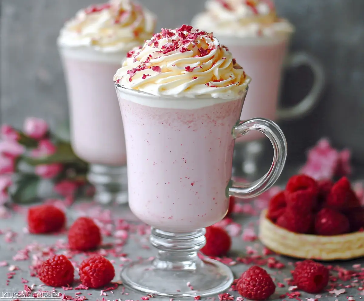 Creamy Raspberry White Hot Chocolate topped with whipped cream and fresh raspberries in a cozy mug.