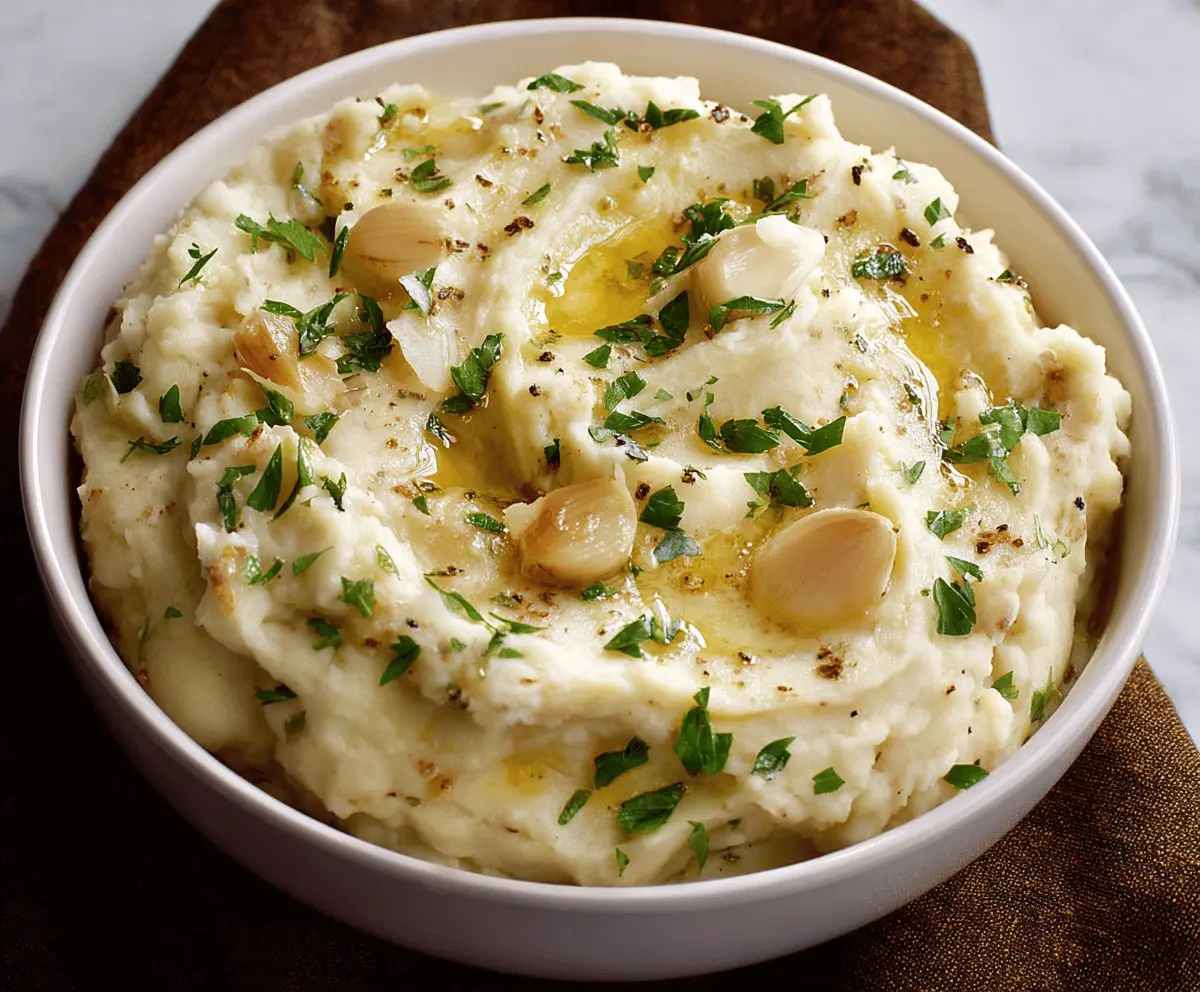 Creamy roasted garlic mashed potatoes served in a rustic bowl, perfect for comforting dinners.