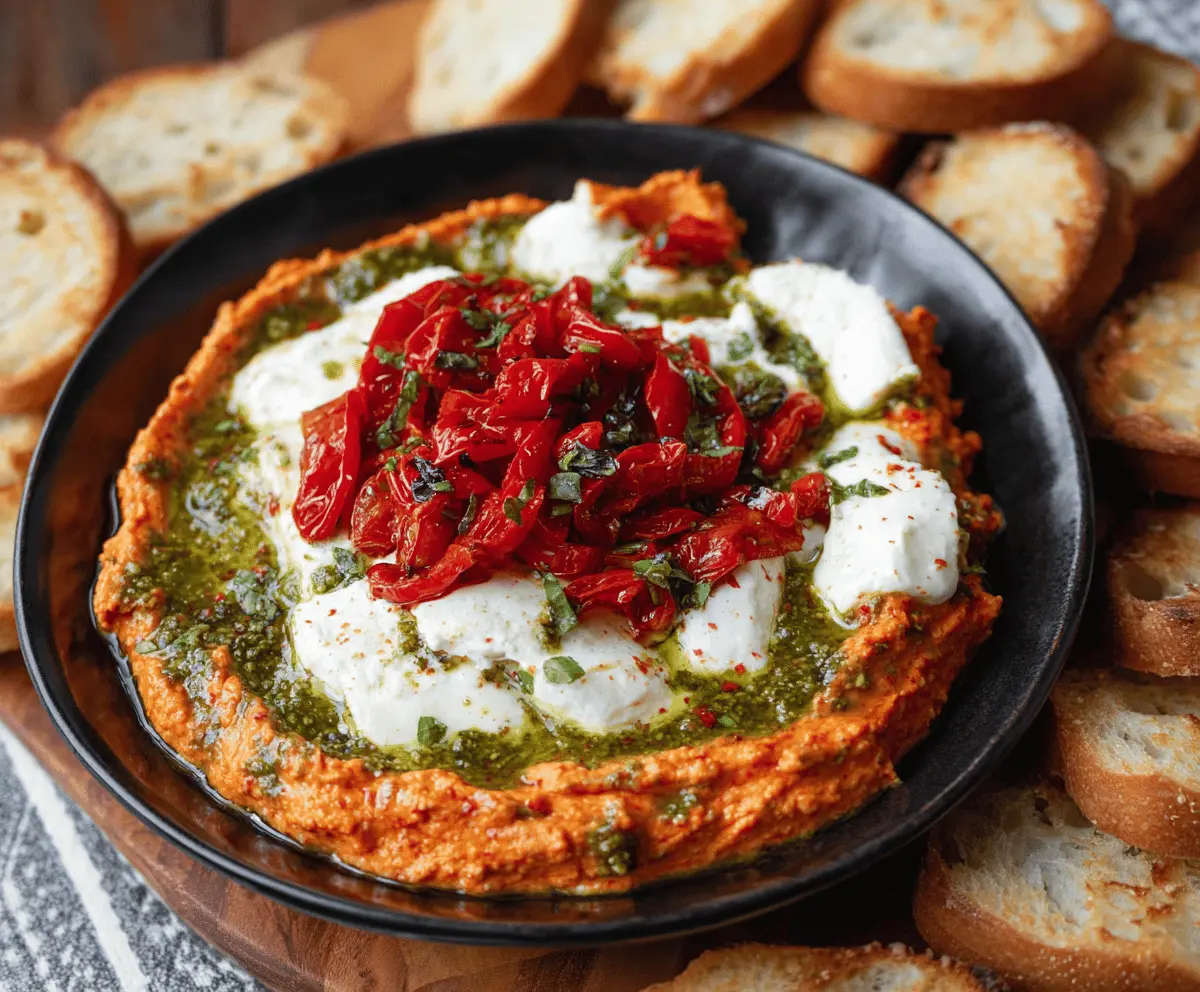 Creamy roasted red pepper goat cheese pesto dip served in a bowl with fresh herbs.