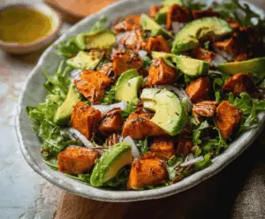 Fresh roasted sweet potato and creamy avocado salad served with greens and herbs