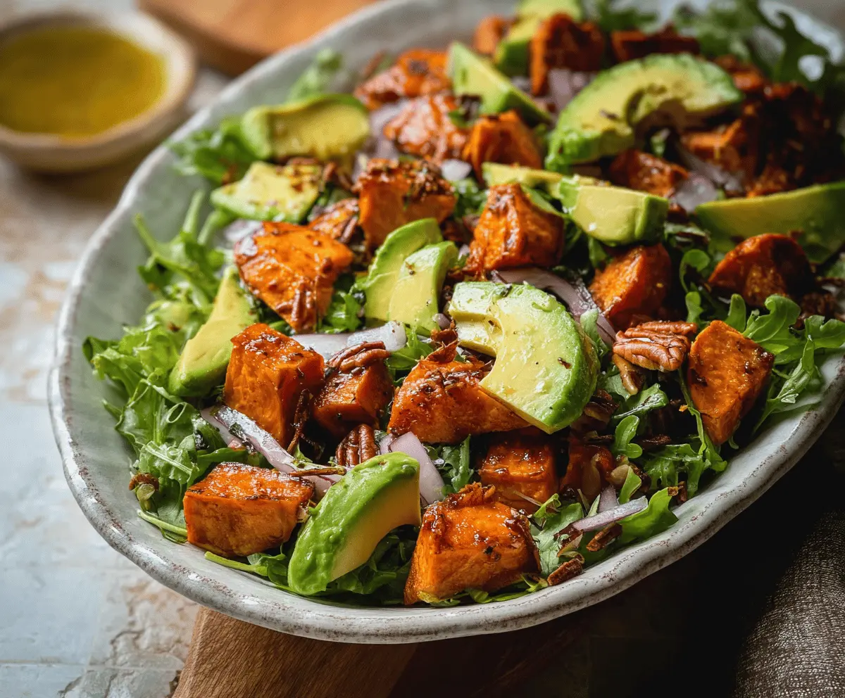 Fresh roasted sweet potato and creamy avocado salad served with greens and herbs