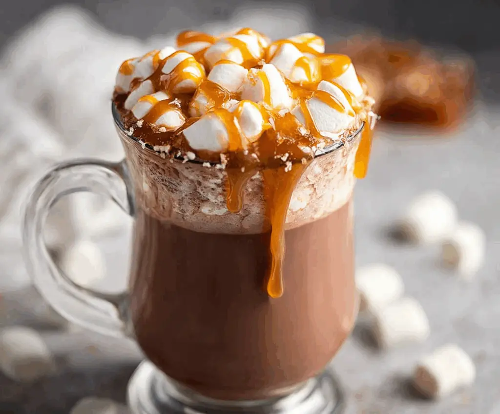 A steaming mug of salted caramel hot chocolate topped with whipped cream and a drizzle of caramel sauce.