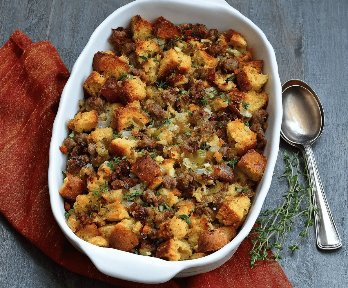 Delicious sausage and herb stuffing served as a flavorful holiday side dish.