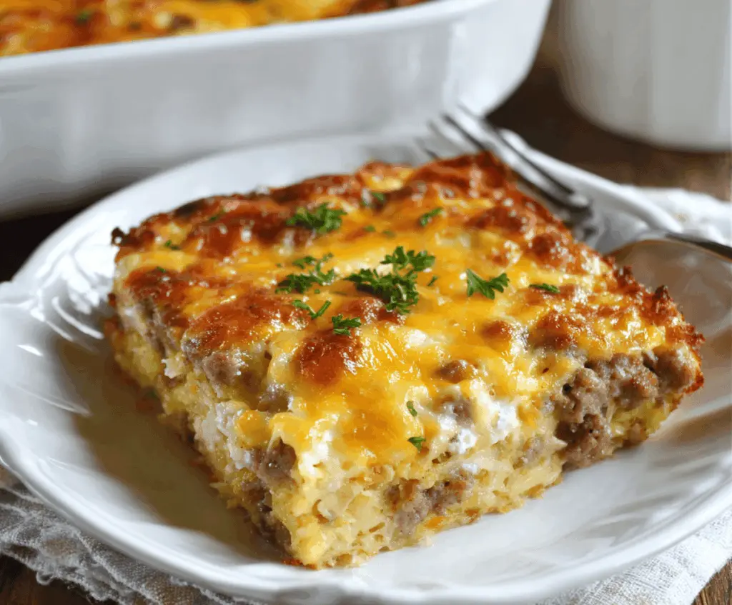 Delicious sausage, eggs, cream cheese, and hashbrown breakfast casserole ready to serve.