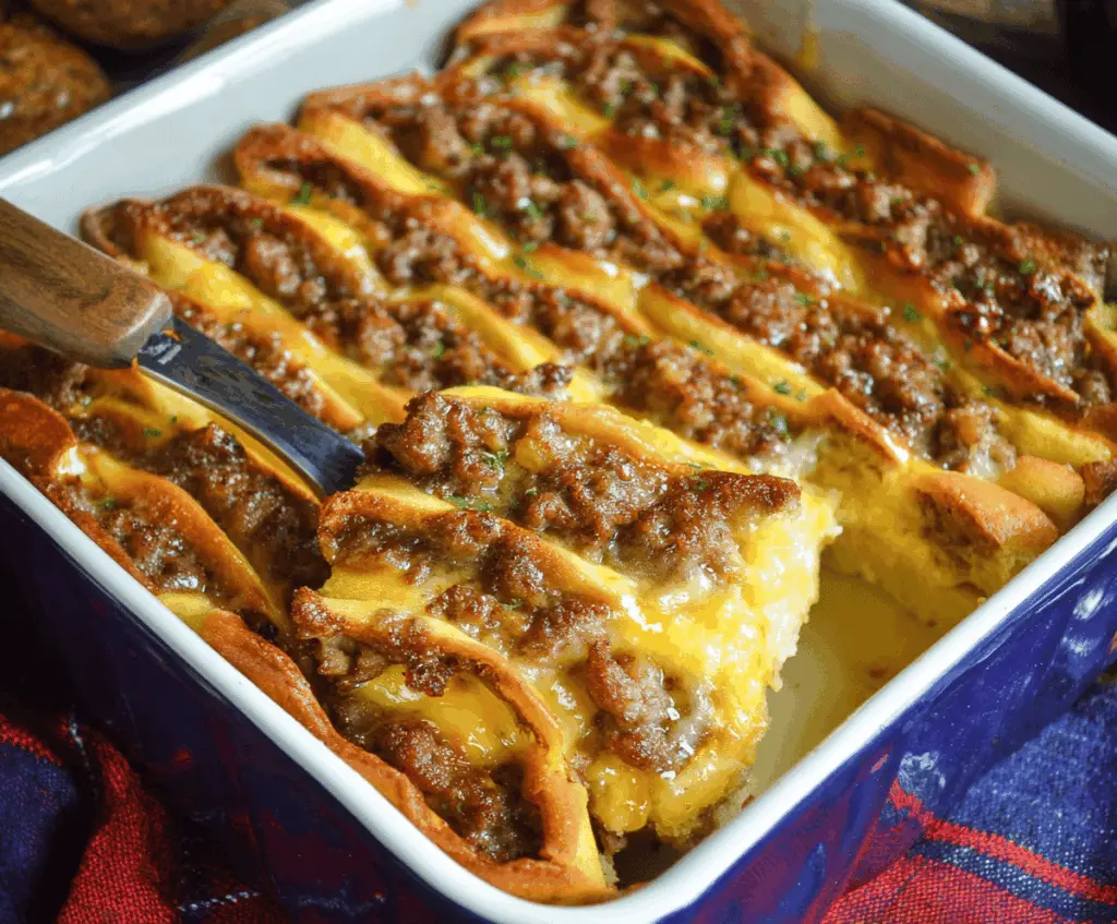 Delicious sausage pancake breakfast casserole with golden-brown top served in a baking dish.