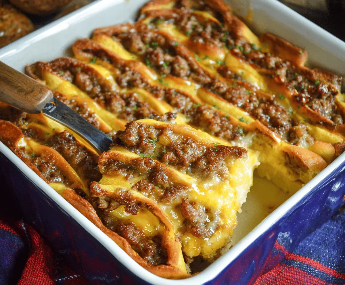 Delicious sausage pancake breakfast casserole with golden-brown top served in a baking dish.