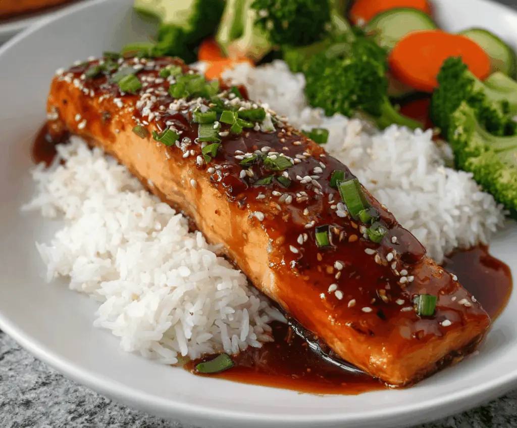 Delicious savory teriyaki salmon served with fresh vegetables on a white plate.