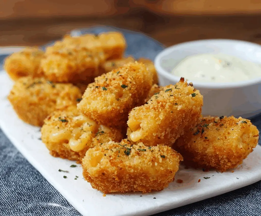 Delicious smoked Gouda mac and cheese bites served hot with a crispy exterior.