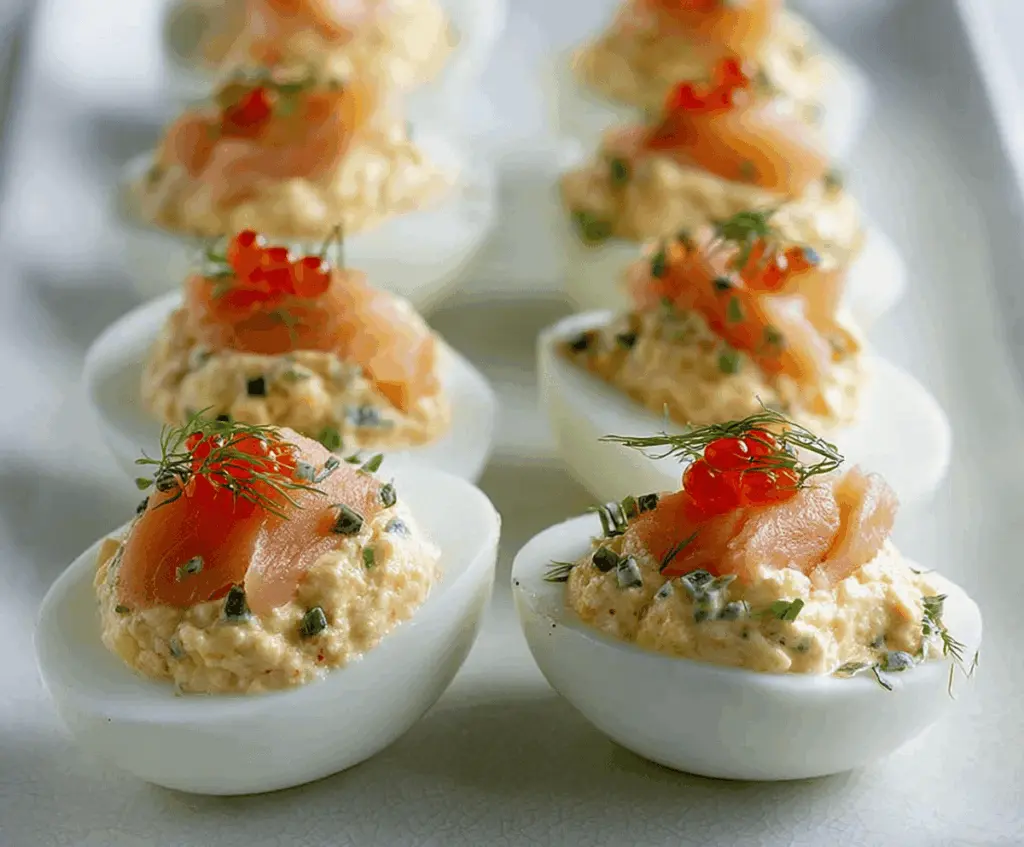 Delicious smoked salmon stuffed eggs garnished with herbs on a white plate
