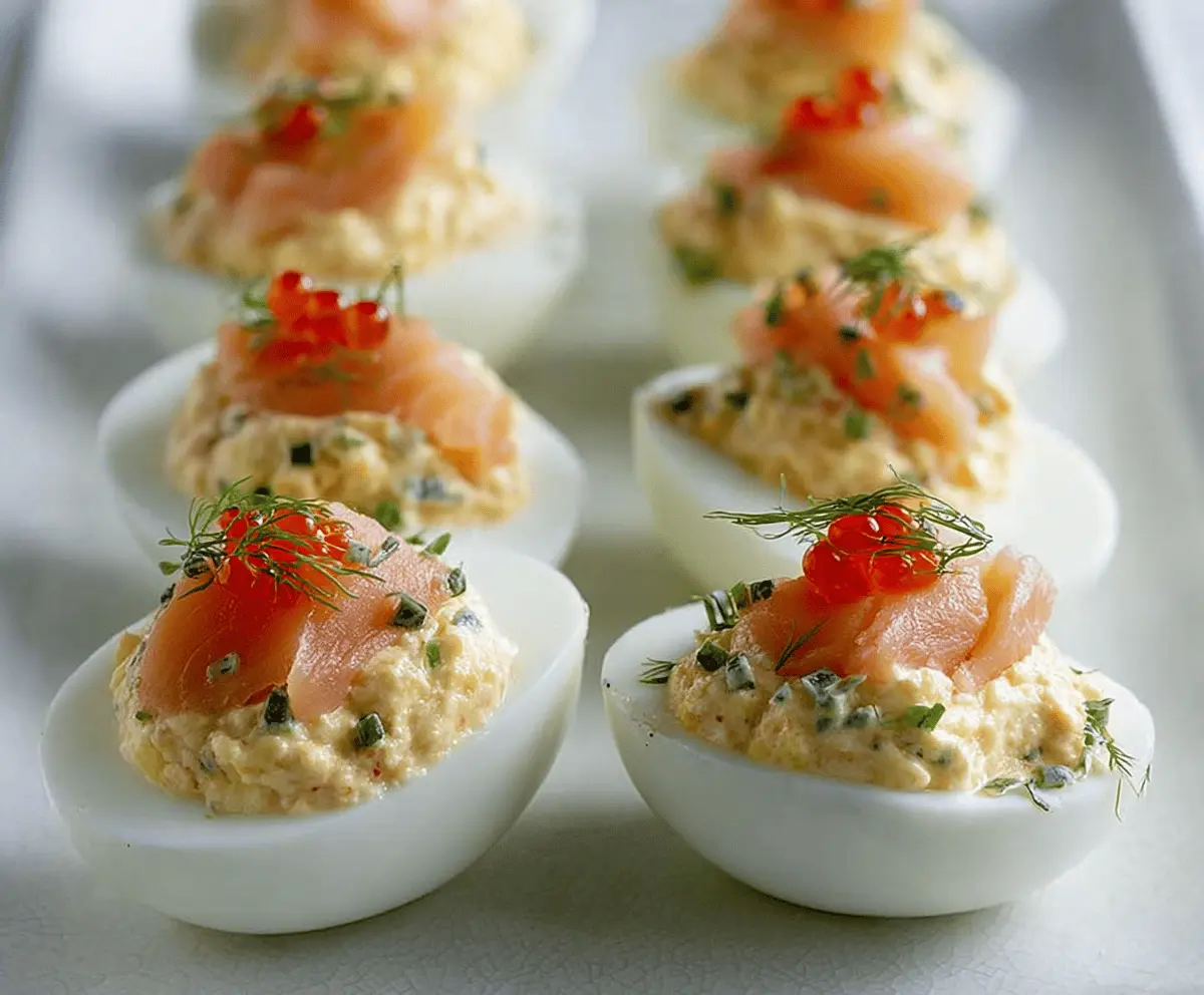 Delicious smoked salmon stuffed eggs garnished with herbs on a white plate