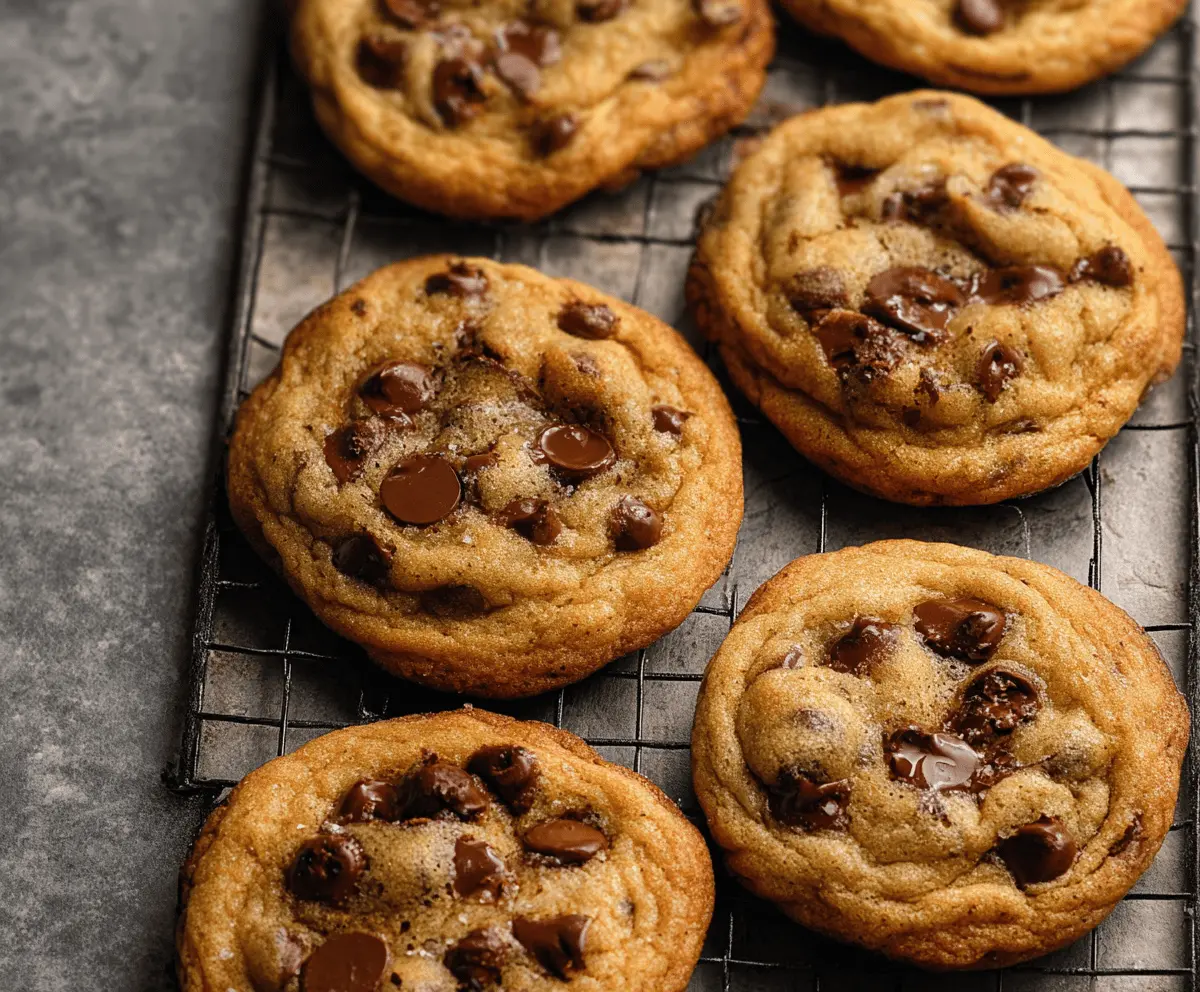 Delicious soft-batch chocolate chip cookies fresh out of the oven with gooey chocolate chips.